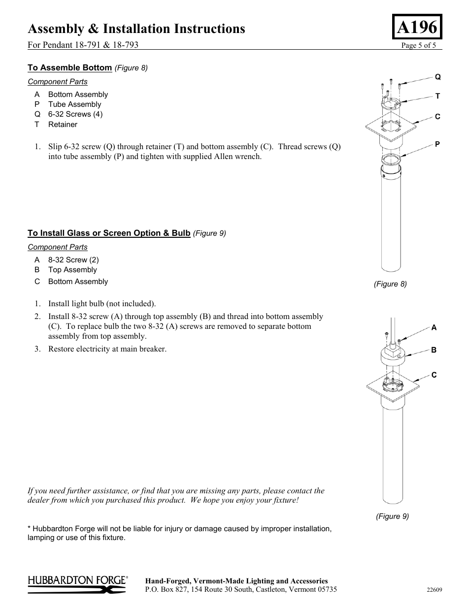 A196, Assembly & installation instructions | Hubbardton Forge 18793 User Manual | Page 5 / 5