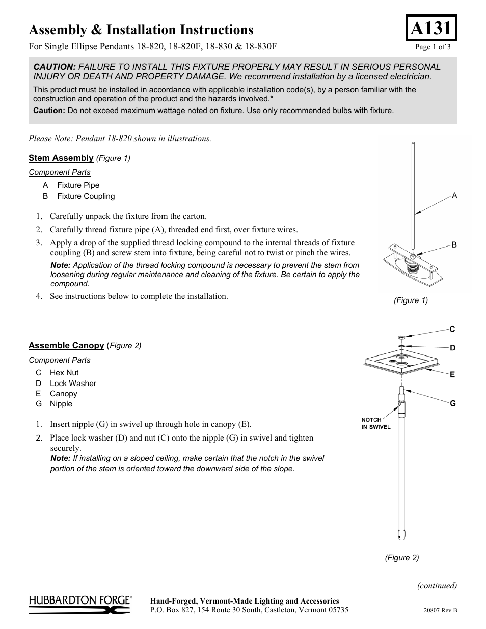 Hubbardton Forge 18820 User Manual | 3 pages