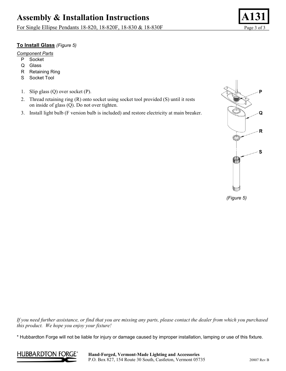 A131, Assembly & installation instructions | Hubbardton Forge 18820 User Manual | Page 3 / 3