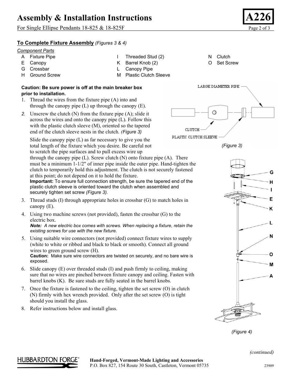 A226, Assembly & installation instructions | Hubbardton Forge 18825 User Manual | Page 2 / 3
