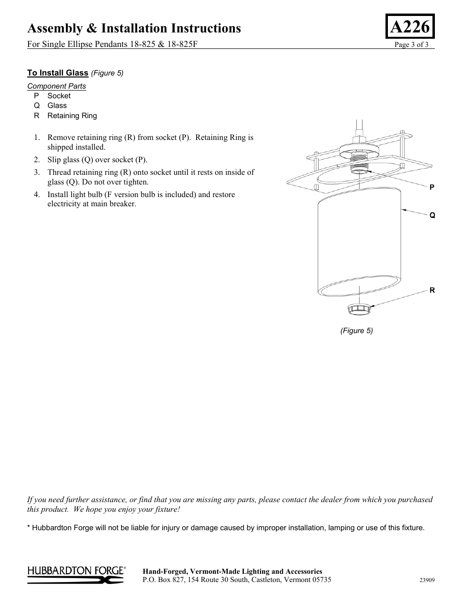 A226, Assembly & installation instructions | Hubbardton Forge 18825 User Manual | Page 3 / 3