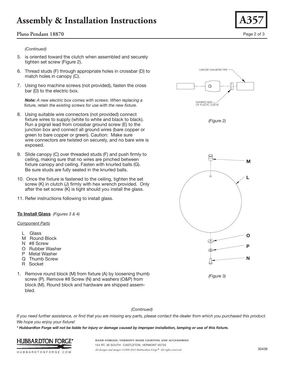 A357, Assembly & installation instructions | Hubbardton Forge 18870 User Manual | Page 2 / 3