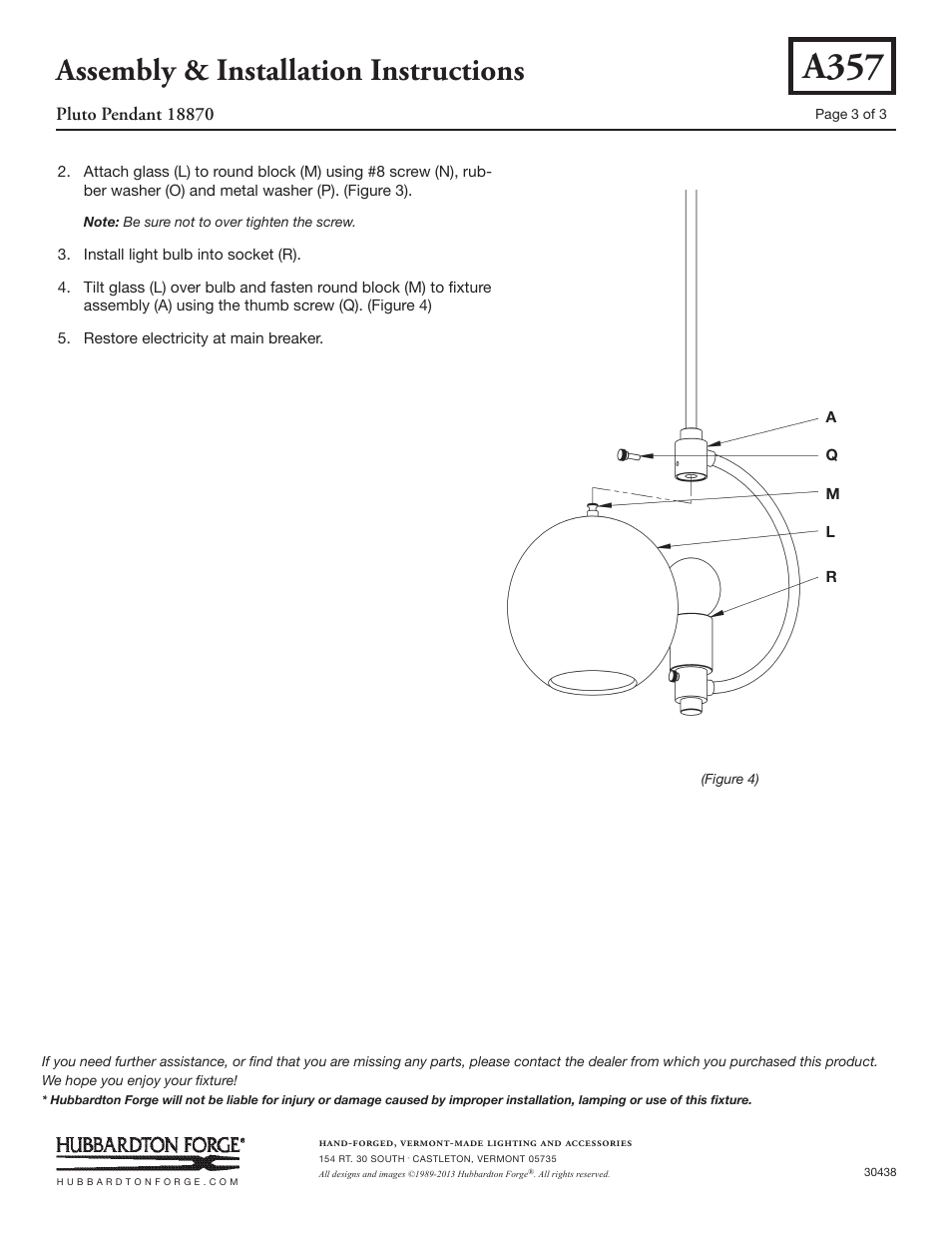 A357, Assembly & installation instructions | Hubbardton Forge 18870 User Manual | Page 3 / 3