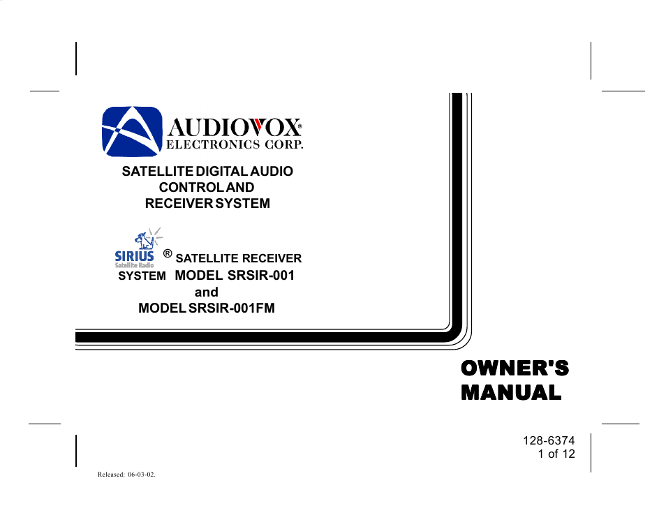 Audiovox SIRIUS SRSIR-001FM User Manual | 12 pages