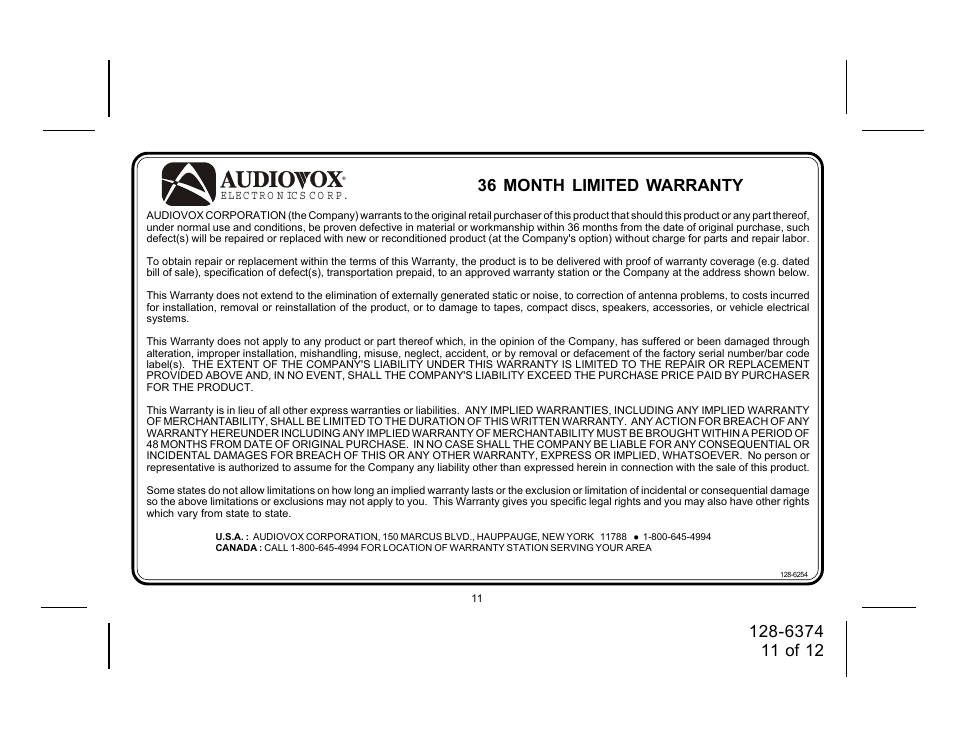 36 month limited warranty | Audiovox SIRIUS SRSIR-001FM User Manual | Page 11 / 12