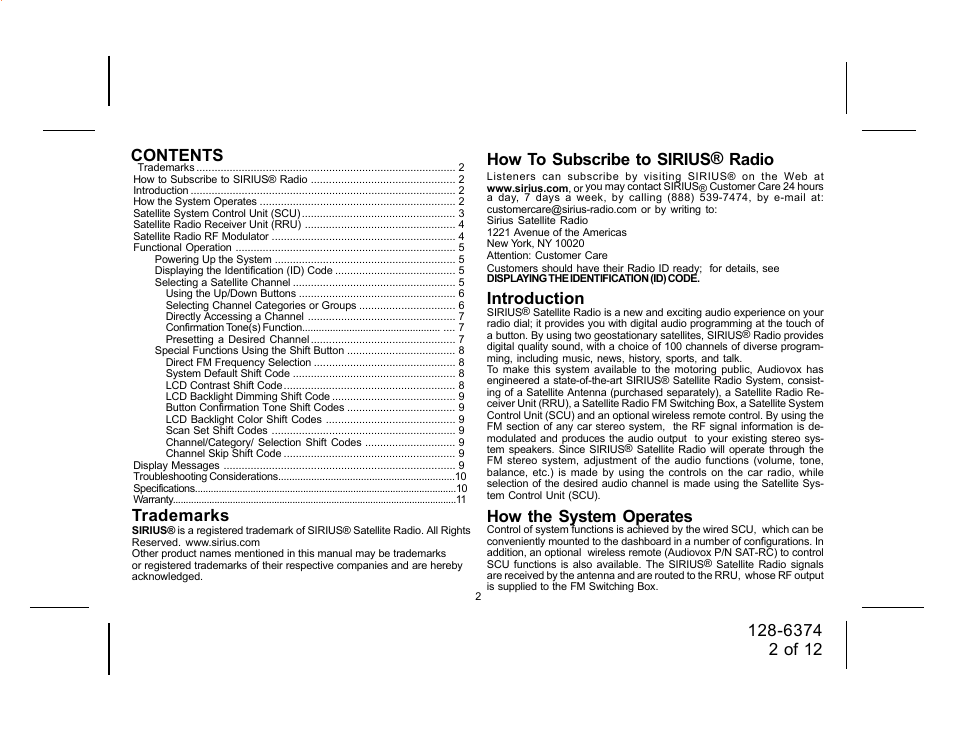 Introduction, How the system operates, Trademarks | Audiovox SIRIUS SRSIR-001FM User Manual | Page 2 / 12