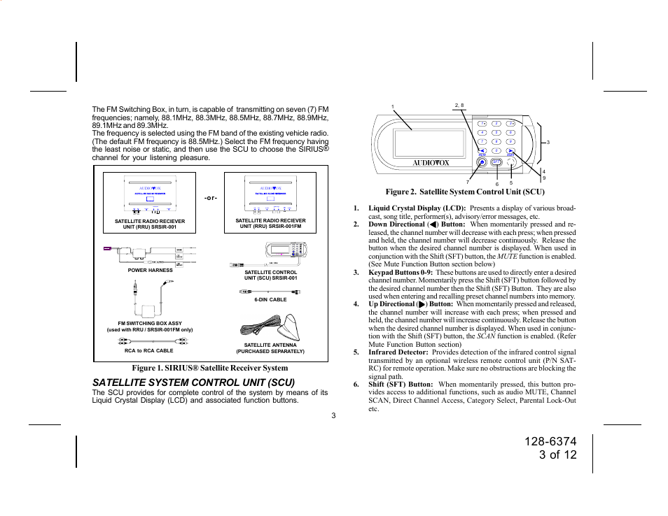Satellite system control unit (scu), Raudio out sat. ter. to scu power l | Audiovox SIRIUS SRSIR-001FM User Manual | Page 3 / 12