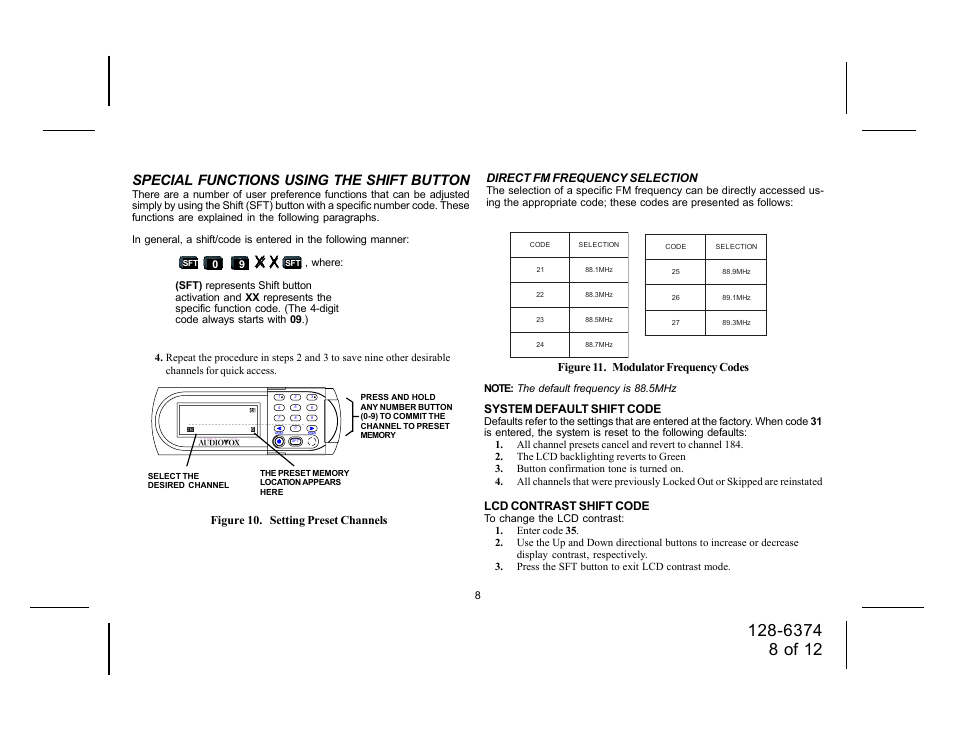 Special functions using the shift button, Direct fm frequency selection, System default shift code | Lcd contrast shift code, Figure 10. setting preset channels, Figure 11. modulator frequency codes | Audiovox SIRIUS SRSIR-001FM User Manual | Page 8 / 12