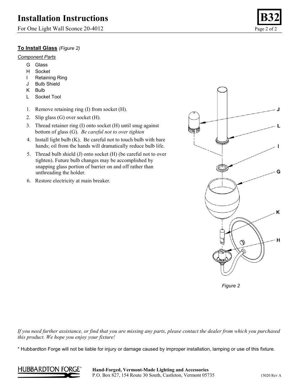 Installation instructions | Hubbardton Forge 204212 User Manual | Page 2 / 2