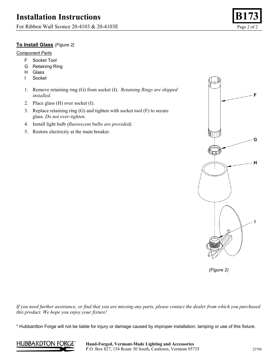 B173, Installation instructions | Hubbardton Forge 204103 User Manual | Page 2 / 2