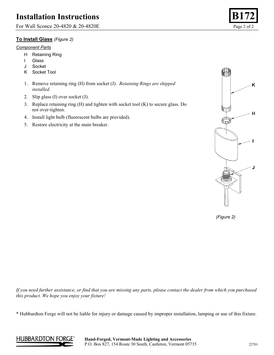 B172, Installation instructions | Hubbardton Forge 204820 User Manual | Page 2 / 2