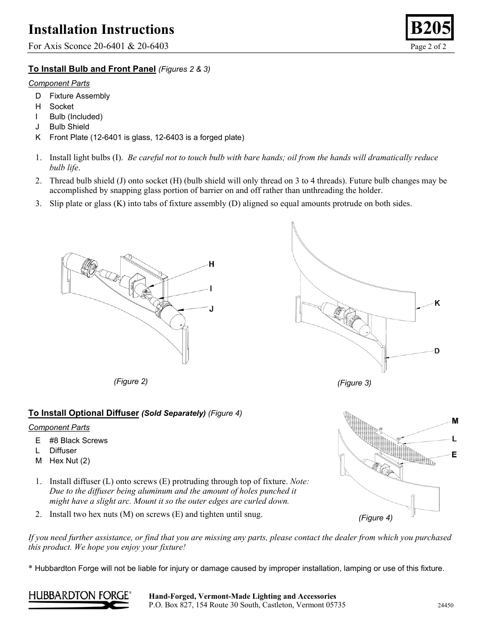 B205, Installation instructions | Hubbardton Forge 206403 User Manual | Page 2 / 2