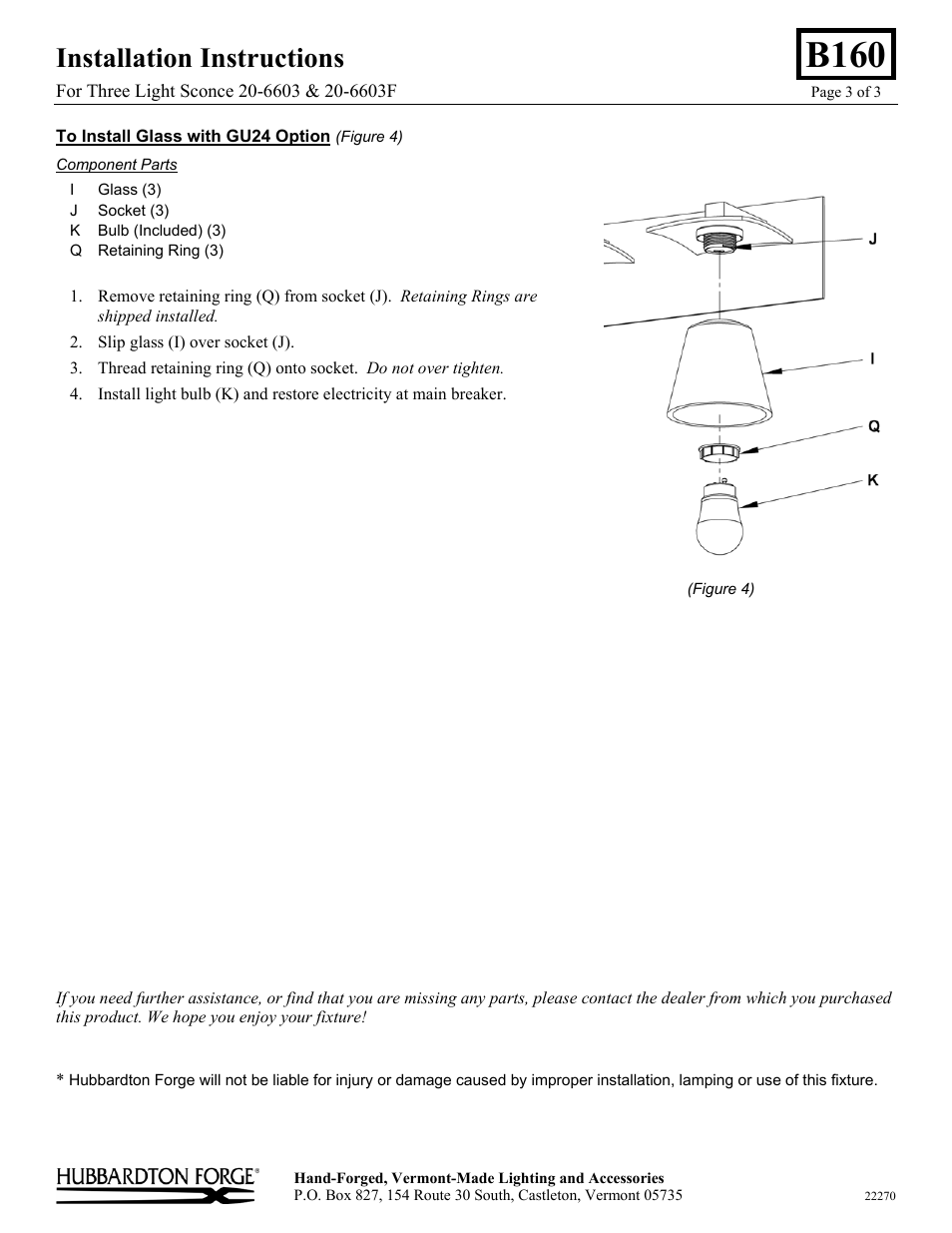 B160, Installation instructions | Hubbardton Forge 206603 User Manual | Page 3 / 3