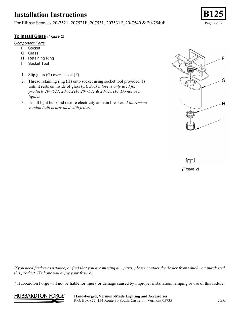 B125, Installation instructions | Hubbardton Forge 207540 User Manual | Page 2 / 2