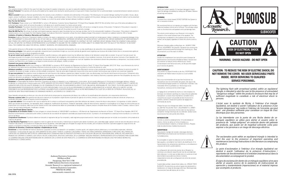 Audiovox PL900SUB User Manual | 4 pages