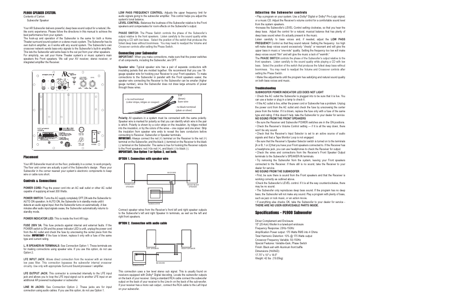 Specifications - pl900 subwoofer, Pl900 speaker system, Placement | Controls & connections, Connecting your subwoofer | Audiovox PL900SUB User Manual | Page 2 / 4