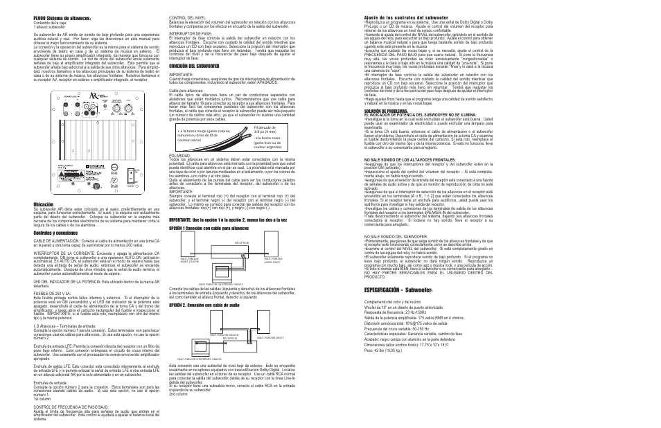 Especificación, Subwoofer, Pl900 sistema de altavoces | Ubicación, Controles y conexiones, Conexión del subwoofer | Audiovox PL900SUB User Manual | Page 3 / 4