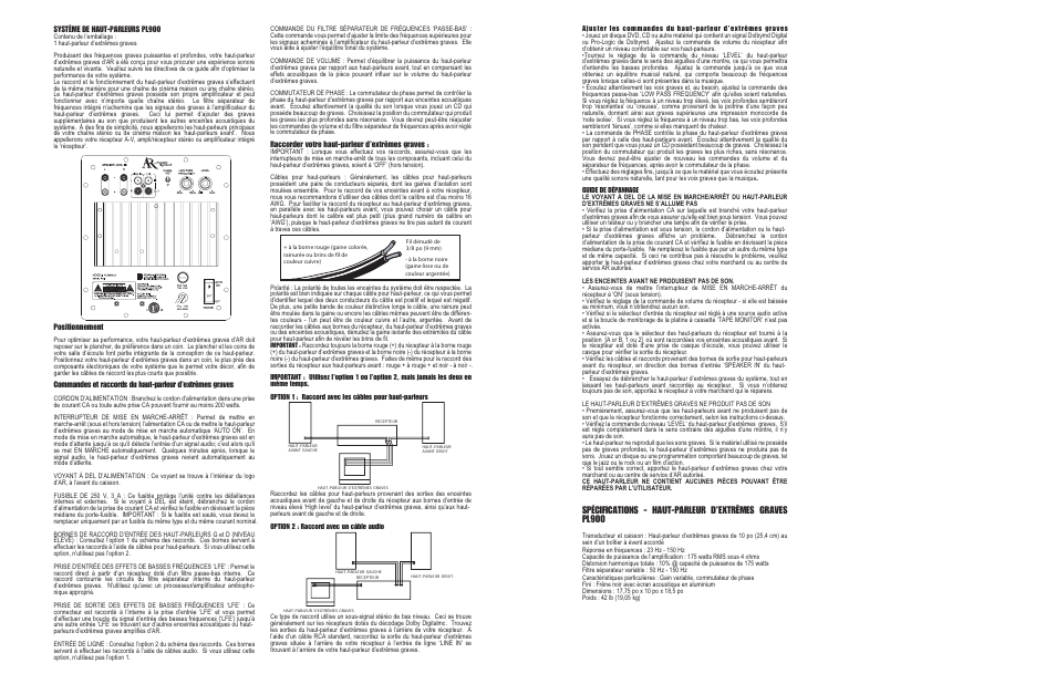 Système de haut-parleurs pl900, Positionnement, Raccorder votre haut-parleur d’extrêmes graves | Audiovox PL900SUB User Manual | Page 4 / 4