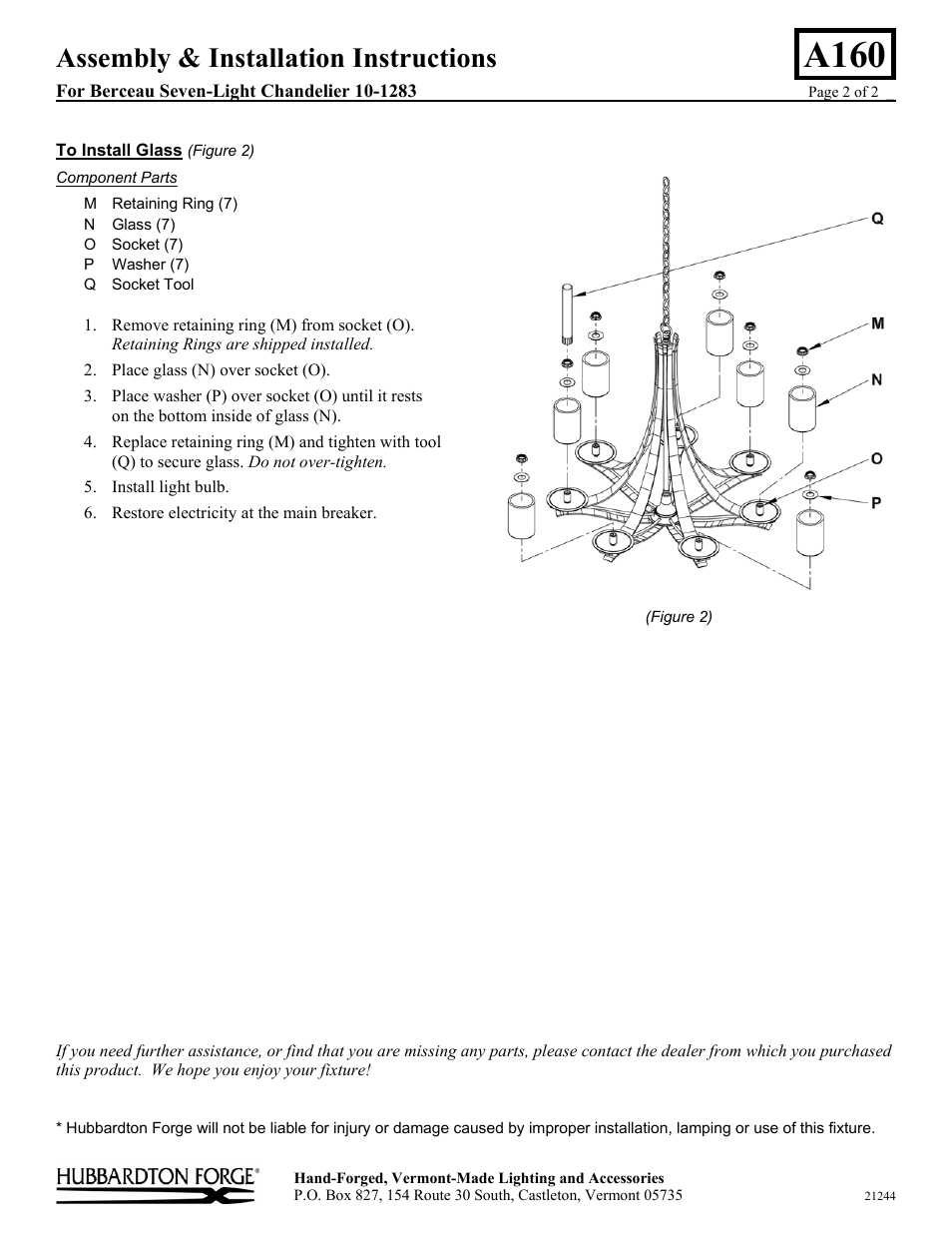 A160, Assembly & installation instructions | Hubbardton Forge 101283 User Manual | Page 2 / 2