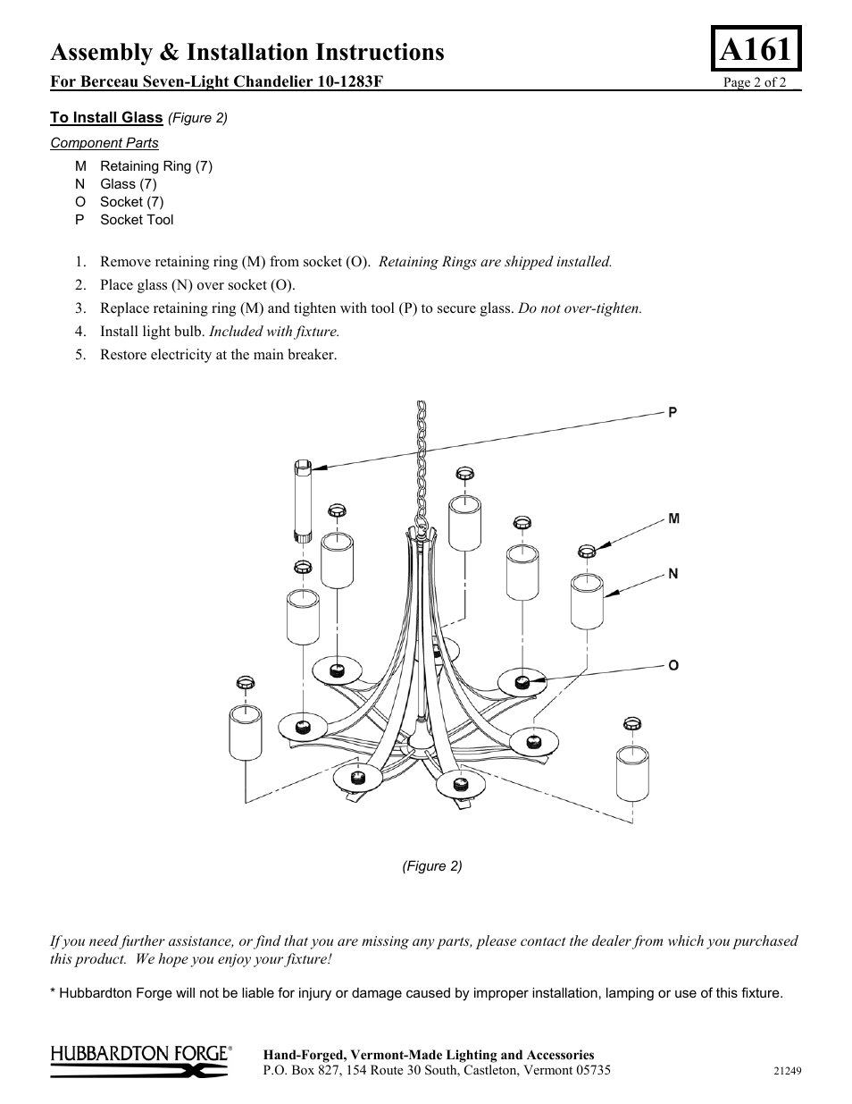 A161, Assembly & installation instructions | Hubbardton Forge 101283F User Manual | Page 2 / 2