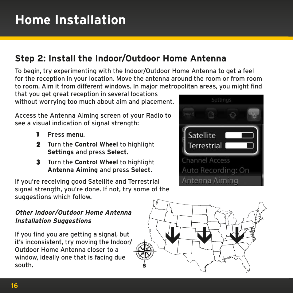 Home installation, Step 2: install the indoor/outdoor home antenna | SIRIUS XMp3i User Manual | Page 16 / 34