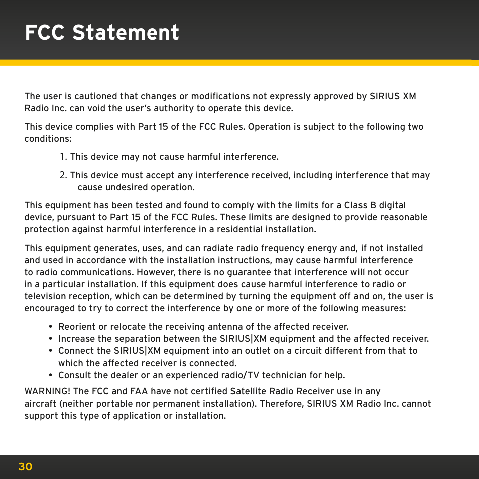 Fcc statement | SIRIUS XMp3i User Manual | Page 30 / 34