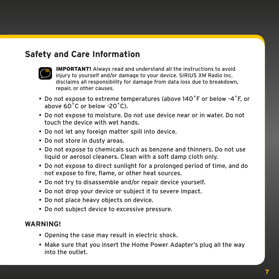 Safety and care information | SIRIUS XMp3i User Manual | Page 7 / 34