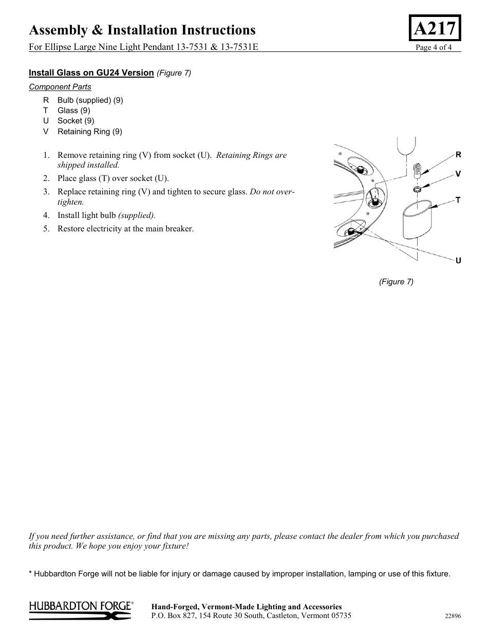 A217, Assembly & installation instructions | Hubbardton Forge 137531 User Manual | Page 4 / 4