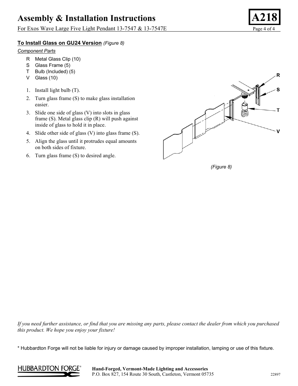 A218, Assembly & installation instructions | Hubbardton Forge 137547 User Manual | Page 4 / 4