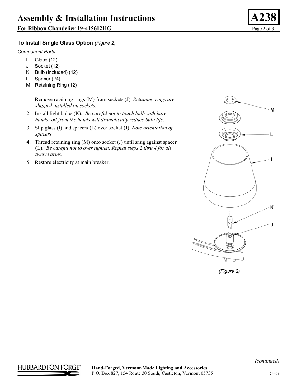 A238, Assembly & installation instructions | Hubbardton Forge 19415612HG User Manual | Page 2 / 3