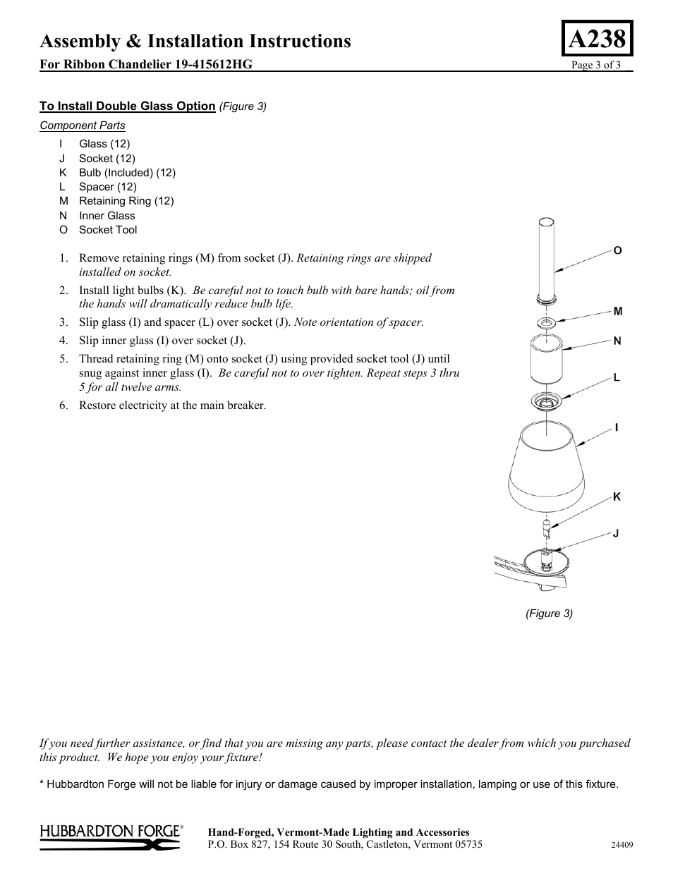 A238, Assembly & installation instructions | Hubbardton Forge 19415612HG User Manual | Page 3 / 3