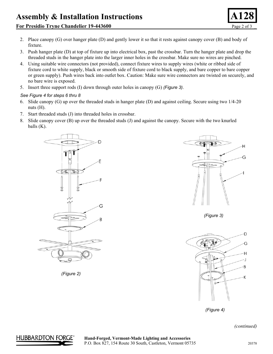 A128, Assembly & installation instructions | Hubbardton Forge 19443600 User Manual | Page 2 / 3