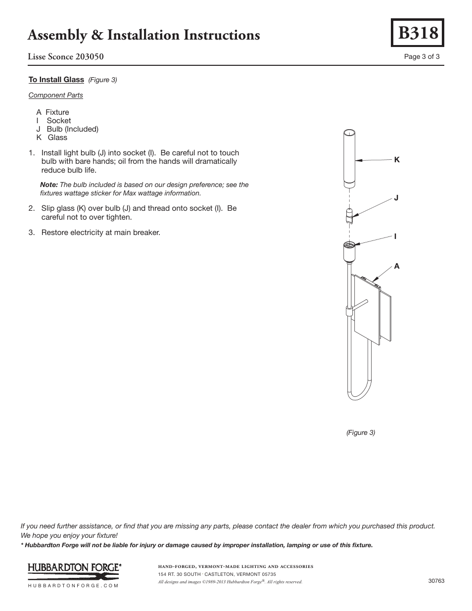 B318, Assembly & installation instructions | Hubbardton Forge 203050 User Manual | Page 3 / 3