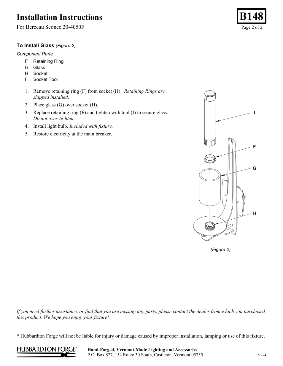 B148, Installation instructions | Hubbardton Forge 204050F User Manual | Page 2 / 2