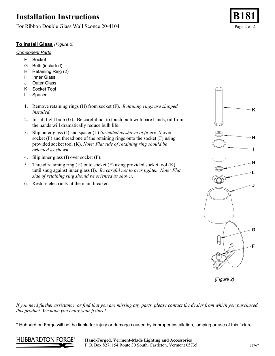 B181, Installation instructions | Hubbardton Forge 204104 User Manual | Page 2 / 2