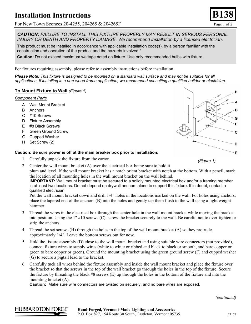 Hubbardton Forge 204265 User Manual | 2 pages