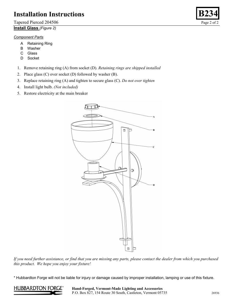 B234, Installation instructions | Hubbardton Forge 204506 User Manual | Page 2 / 2