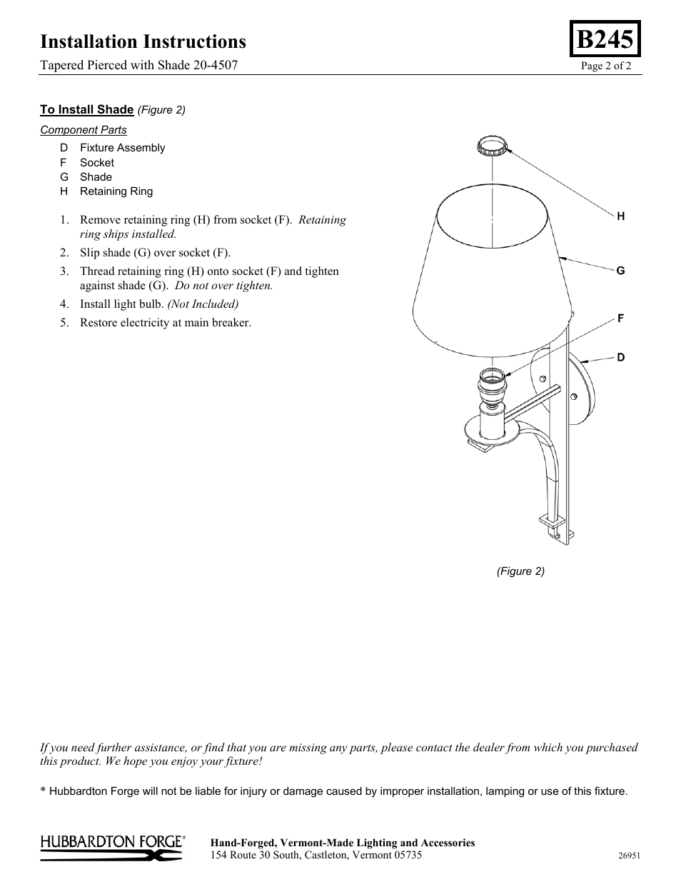 B245, Installation instructions | Hubbardton Forge 204507 User Manual | Page 2 / 2