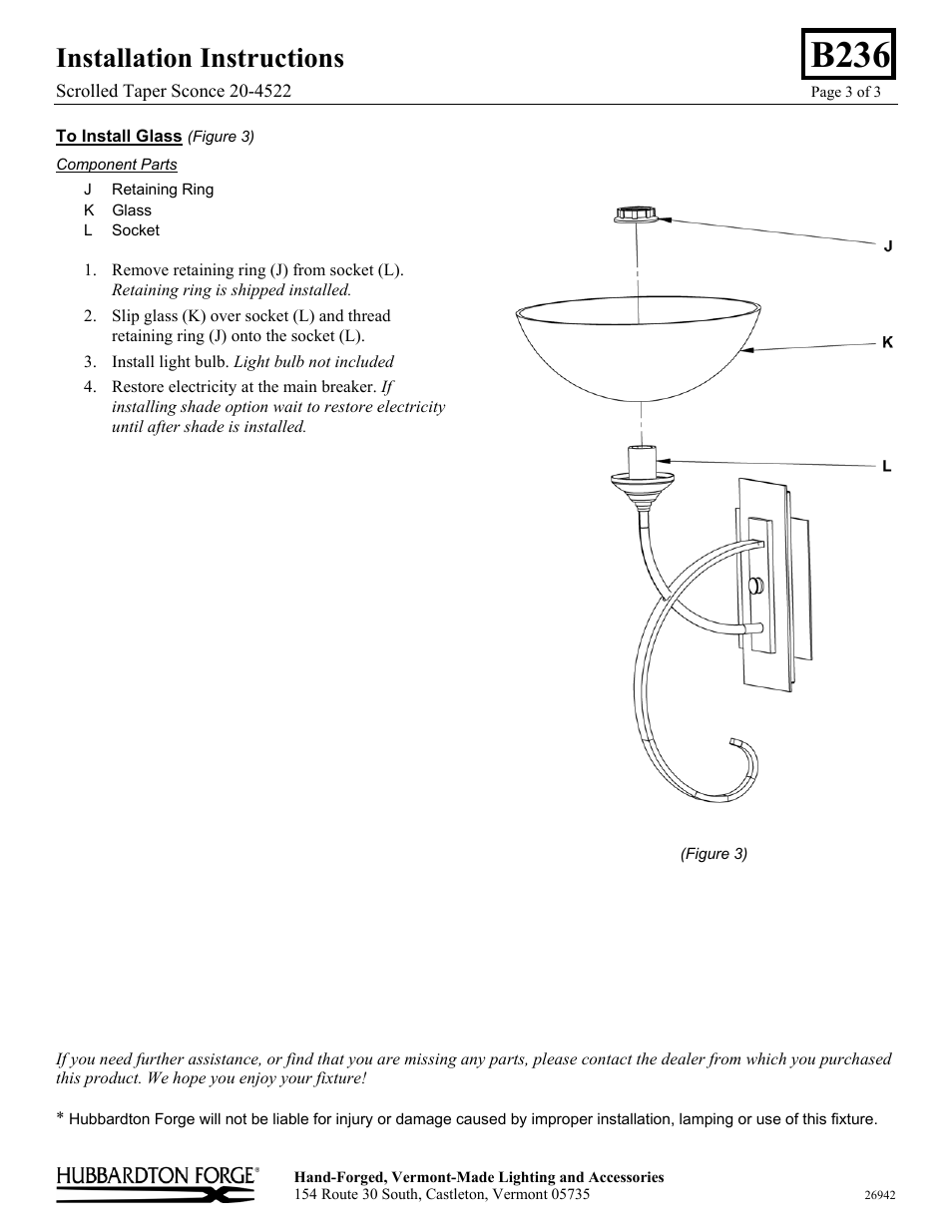 B236, Installation instructions | Hubbardton Forge 204522 User Manual | Page 3 / 3