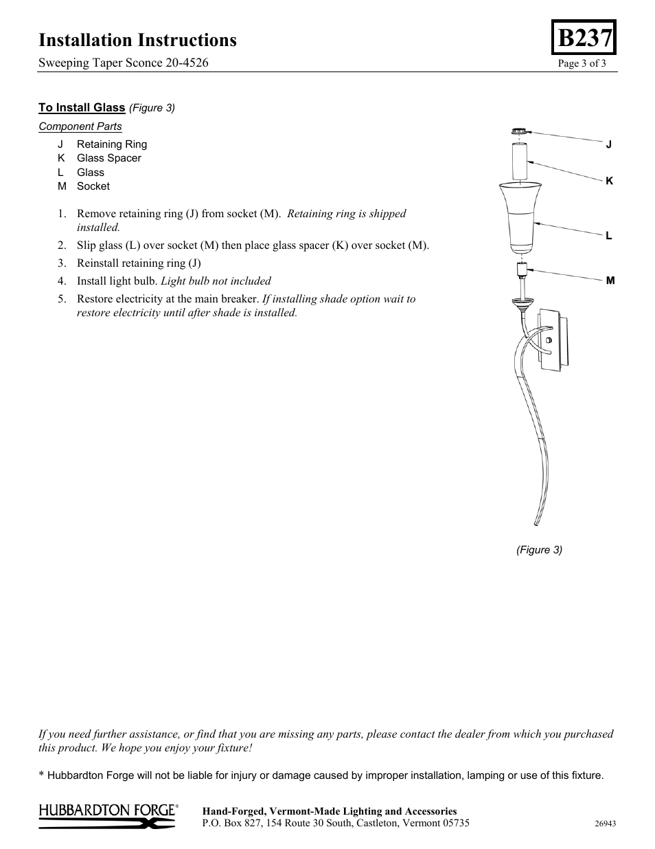 B237, Installation instructions | Hubbardton Forge 204526 User Manual | Page 3 / 3