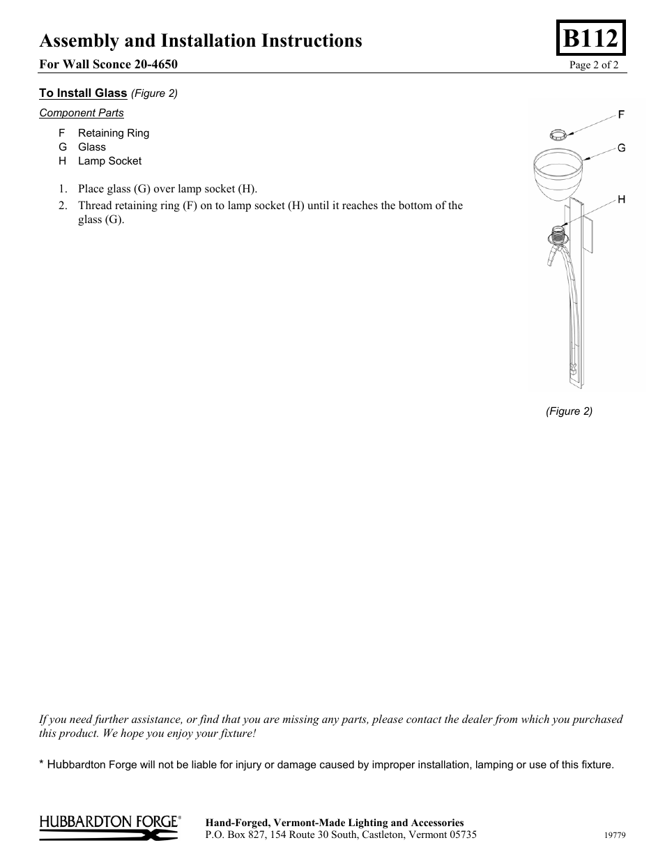 B112, Assembly and installation instructions | Hubbardton Forge 204650 User Manual | Page 2 / 2