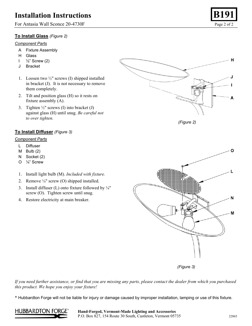 B191, Installation instructions | Hubbardton Forge 204730 User Manual | Page 2 / 2