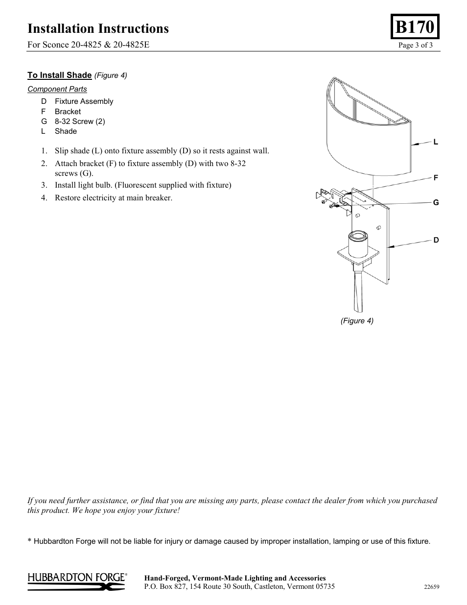 B170, Installation instructions | Hubbardton Forge 204825 User Manual | Page 3 / 3