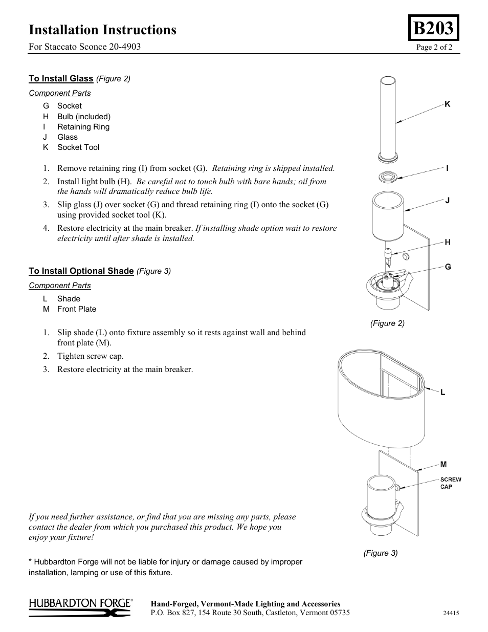 B203, Installation instructions | Hubbardton Forge 204903 User Manual | Page 2 / 2