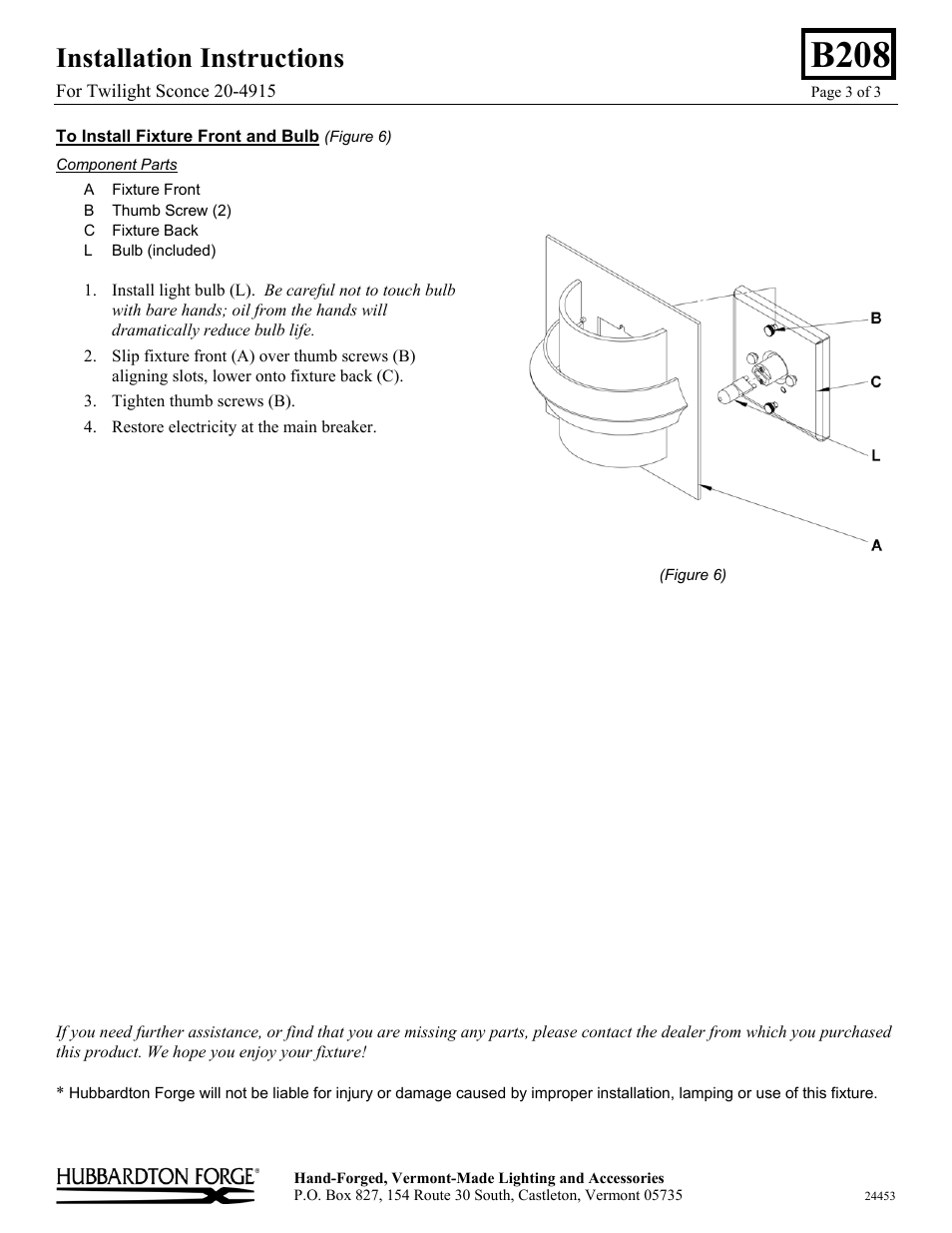 B208, Installation instructions | Hubbardton Forge 204915 User Manual | Page 3 / 3