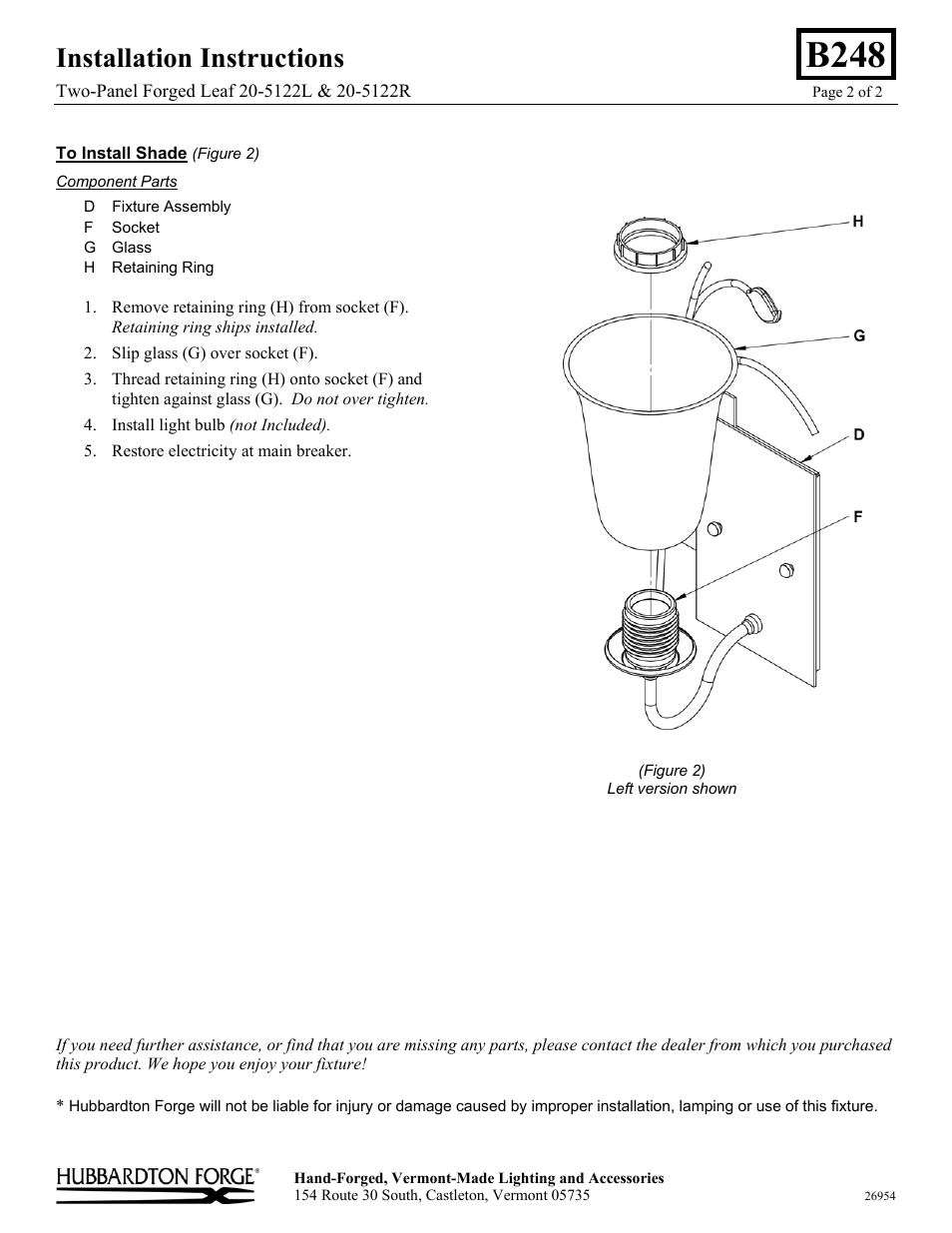 B248, Installation instructions | Hubbardton Forge 205122 User Manual | Page 2 / 2