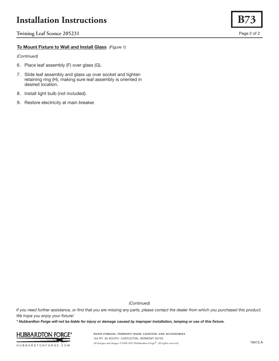 Installation instructions | Hubbardton Forge 205231 User Manual | Page 2 / 2