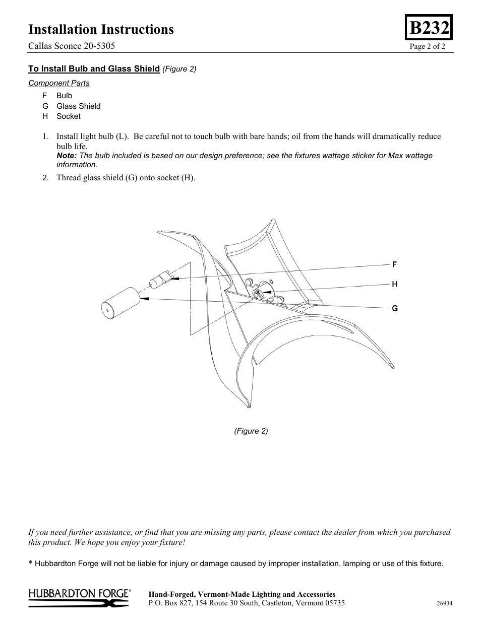 B232, Installation instructions | Hubbardton Forge 205305 User Manual | Page 2 / 2