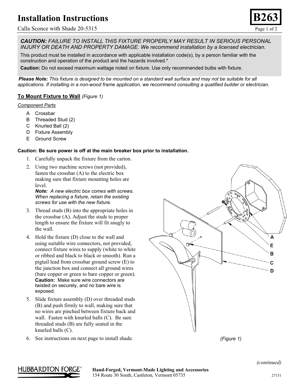 Hubbardton Forge 205315 User Manual | 2 pages