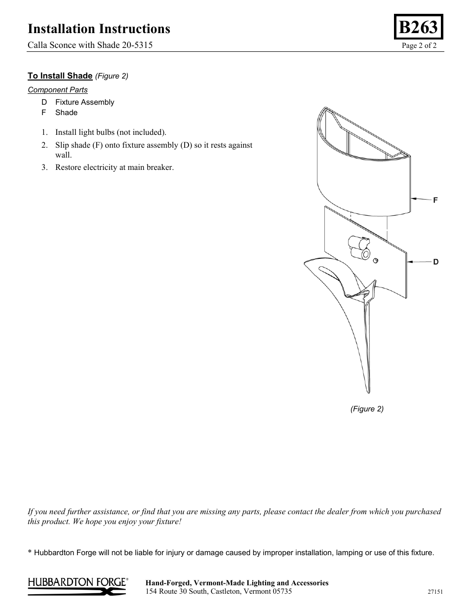B263, Installation instructions | Hubbardton Forge 205315 User Manual | Page 2 / 2